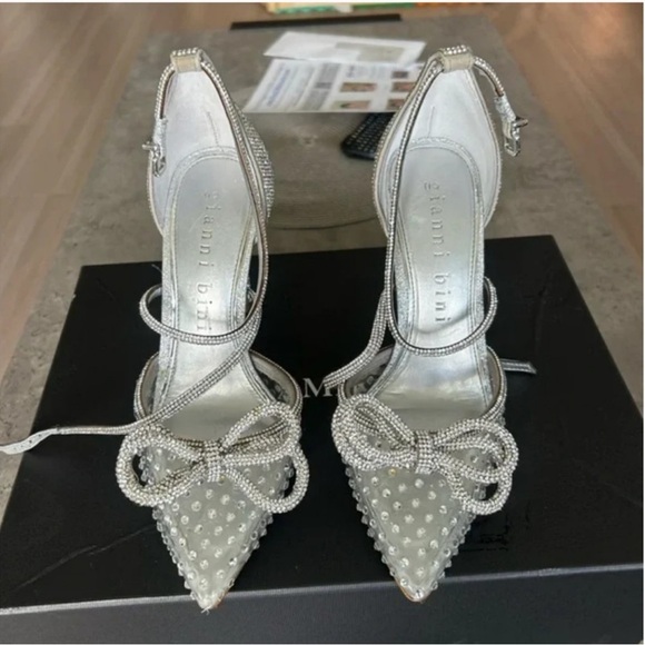 Gianni Bini Metallic Silver Heels with Pearl Bow - Picture 1 of 5